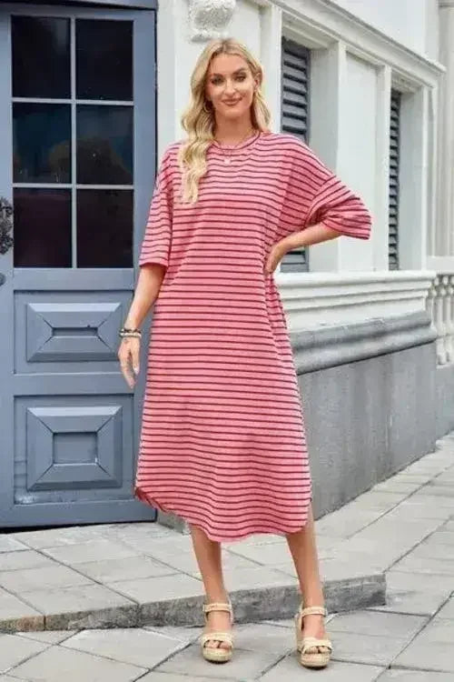 Lovelet Contrast Striped Half Sleeve Midi Tee Dress