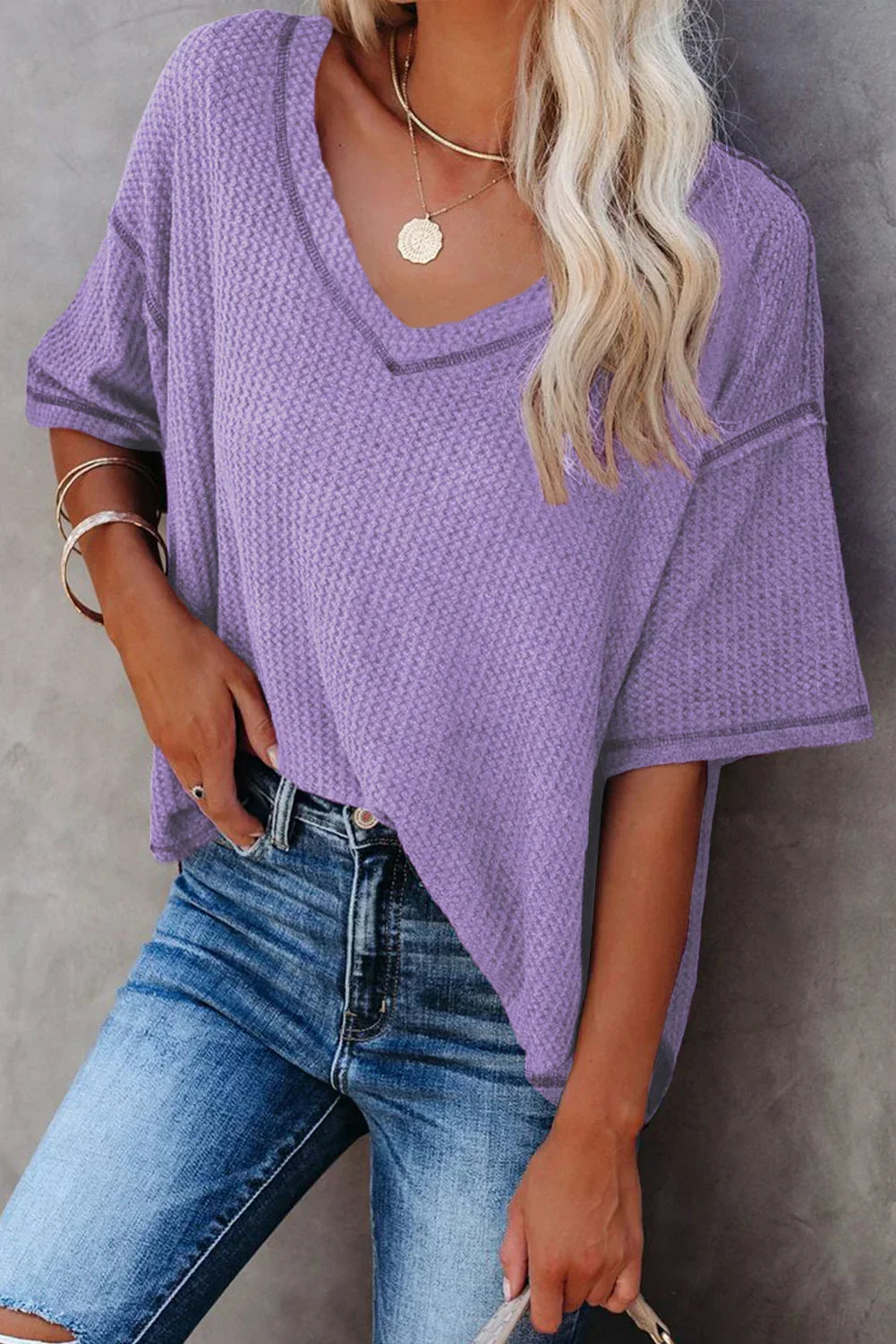 Blue Exposed Seam Drop Sleeve V Neck Waffle Textured Top
