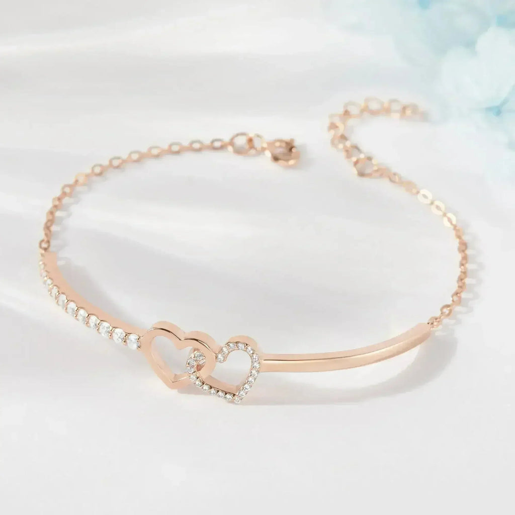 Double Heart Linked Necklace, Silver Heart Pendant Necklace, Stone