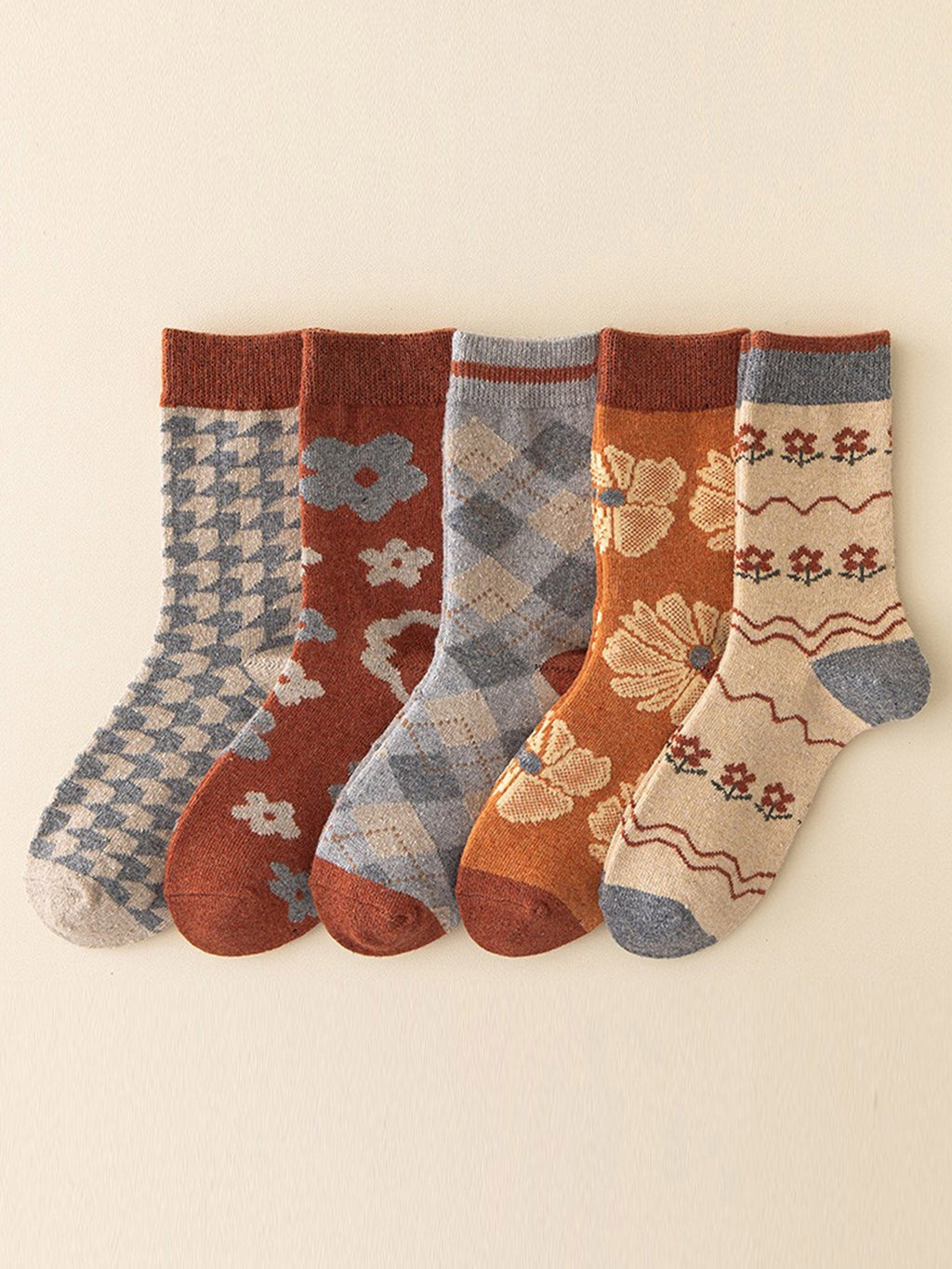 Combed Cotton 5-Pair Jacquard Mid-Calf Sock Set
