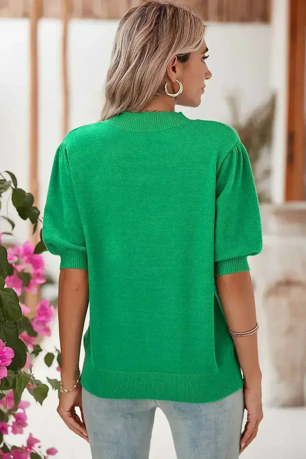 Bright Green 60s Floral Bubble Short Sleeve Knitted Top