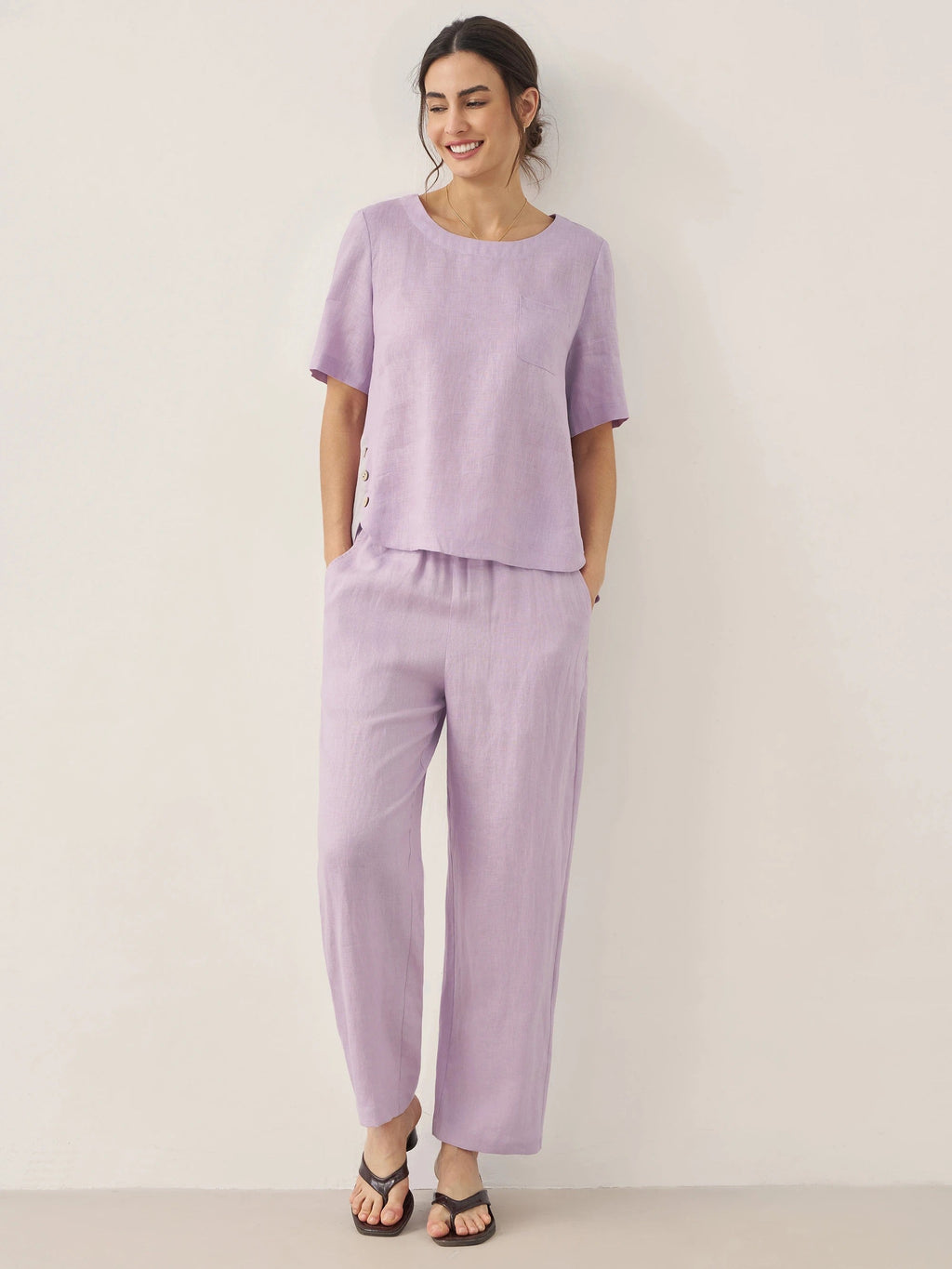 100% Linen Short-Sleeve Round Neck Button Detail Top & Pants Set SASHA