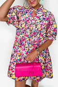 Pink Floral Puff Short Sleeve V Neck Mini Dress