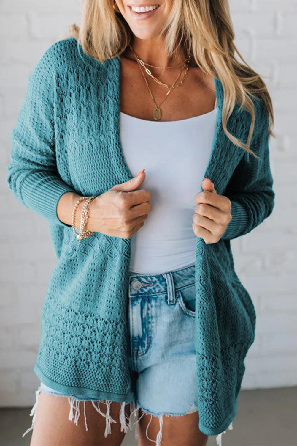 Redwood Burl Mix Pattern Hollow Knit Open Front Cardigan