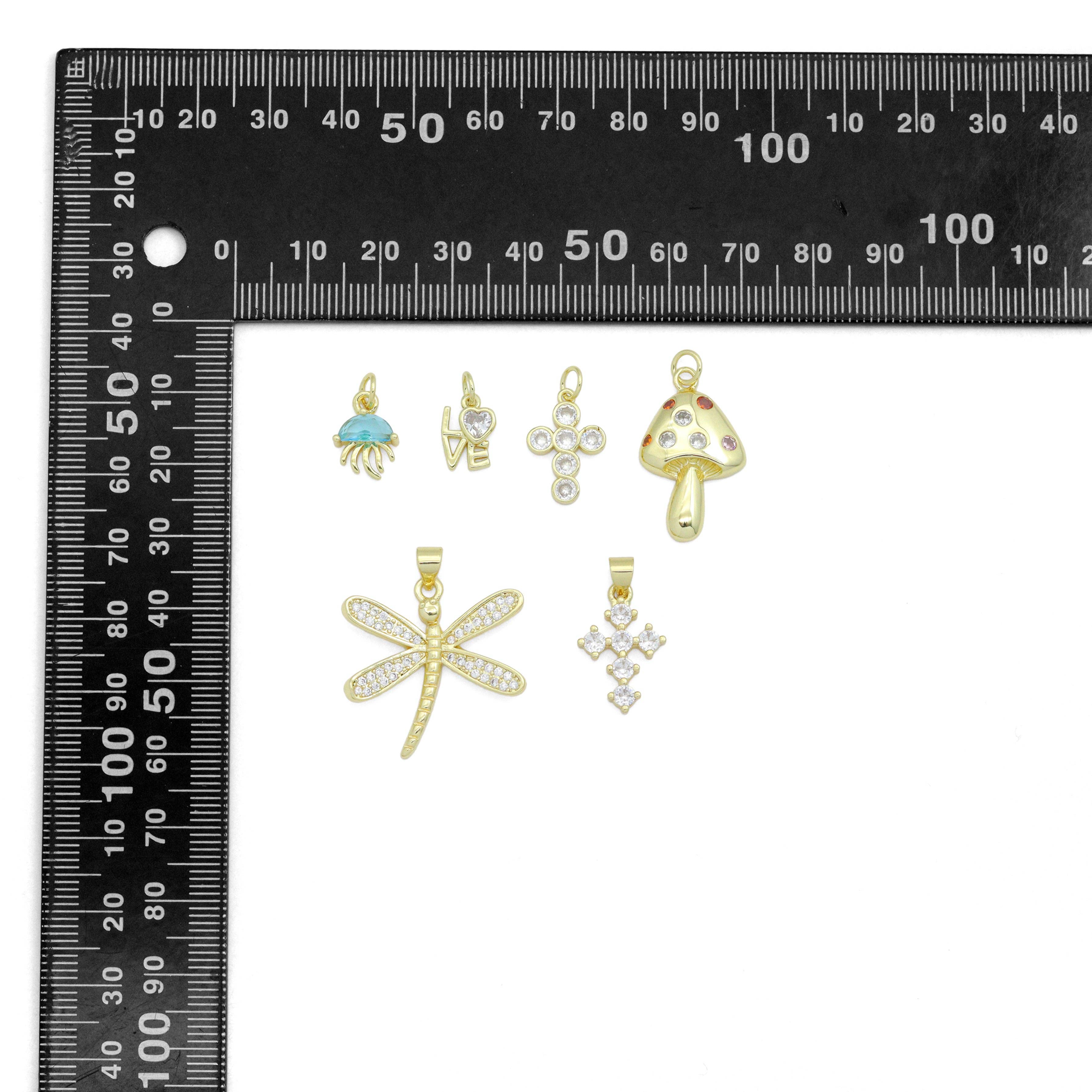 CZ Gold Love Cross Mushroom Jellyfish Dragonfly Charm Pendant,Sku#LD748