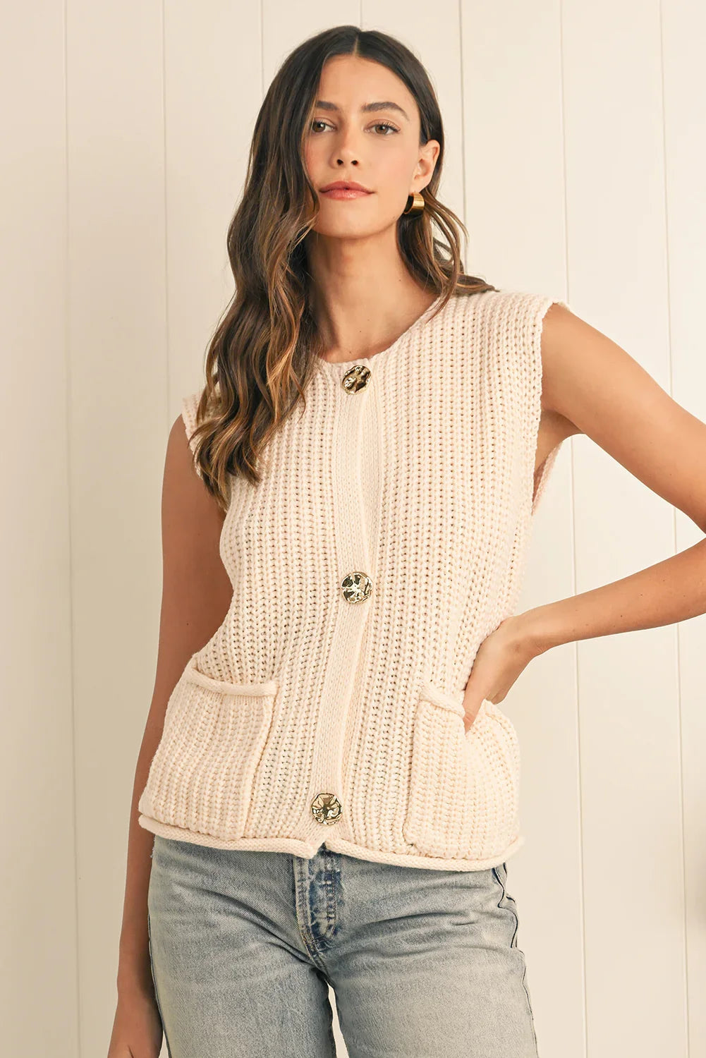 Fiery Red Solid Textured Knit Side Pockets Buttoned Sweater Vest