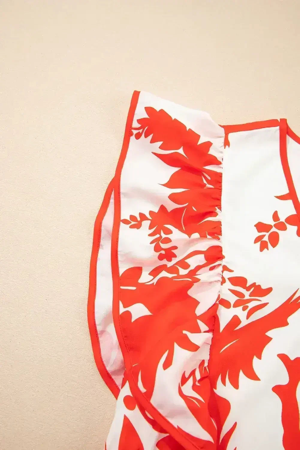 Red Floral Print Trimmed V Neck Ruffle Sleeve Maxi Dress