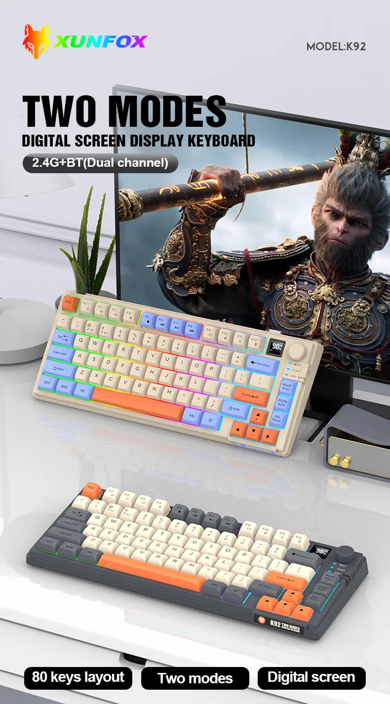 Wireless Keyboard 80 Key 80% Layout Spanish Russian Arabic Korean Keyboard Mouse Set Bluetooth 2.4G 2000mAh Type C K92 Backlight