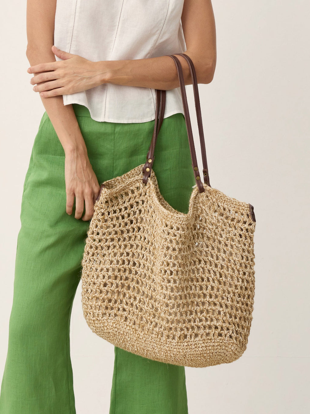 Linen-Cotton Open-Weave Tote Bag With Zip Pouch
