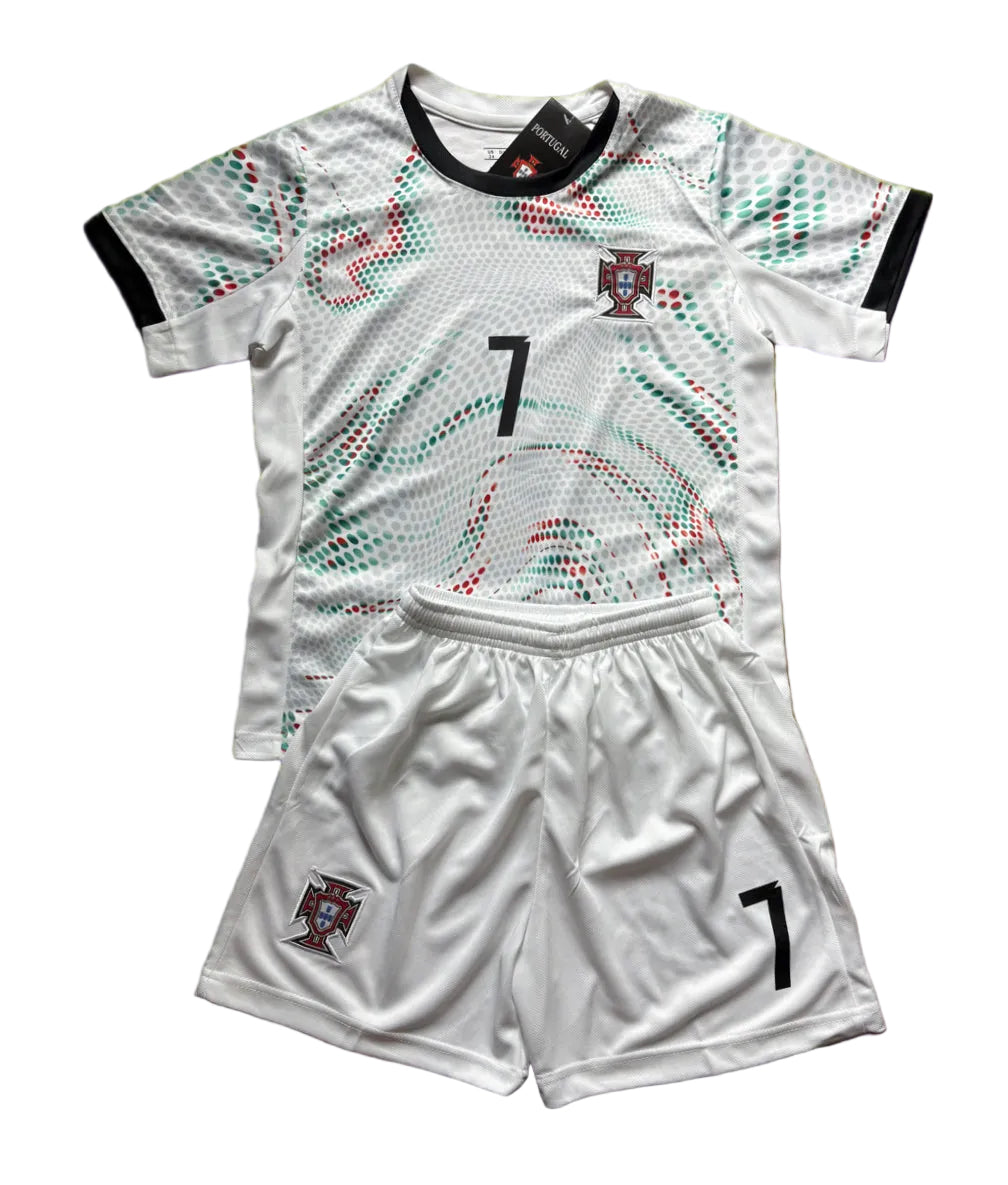 Ronaldo Portugal 2025 Away White Kids Soccer Jersey Kit 2 Piece Set