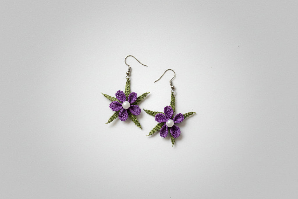 Handmade Purple Floral Crochet Dangle Earrings for Women