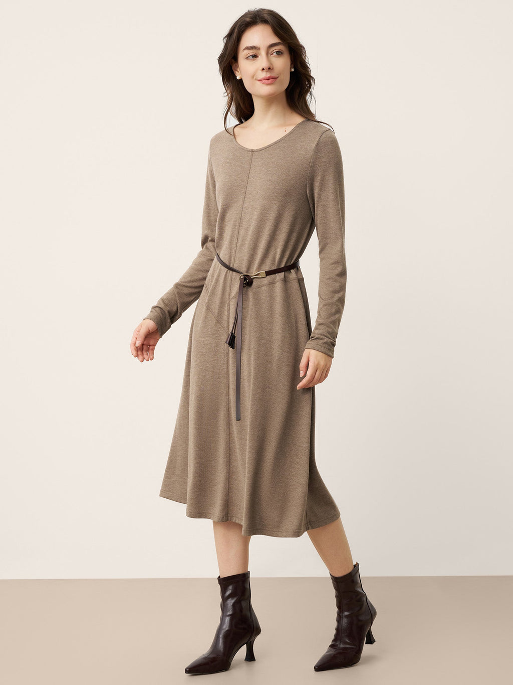 Cashmere Crew Neck Sculpted Seam A-Line Midi Dress HARLOW