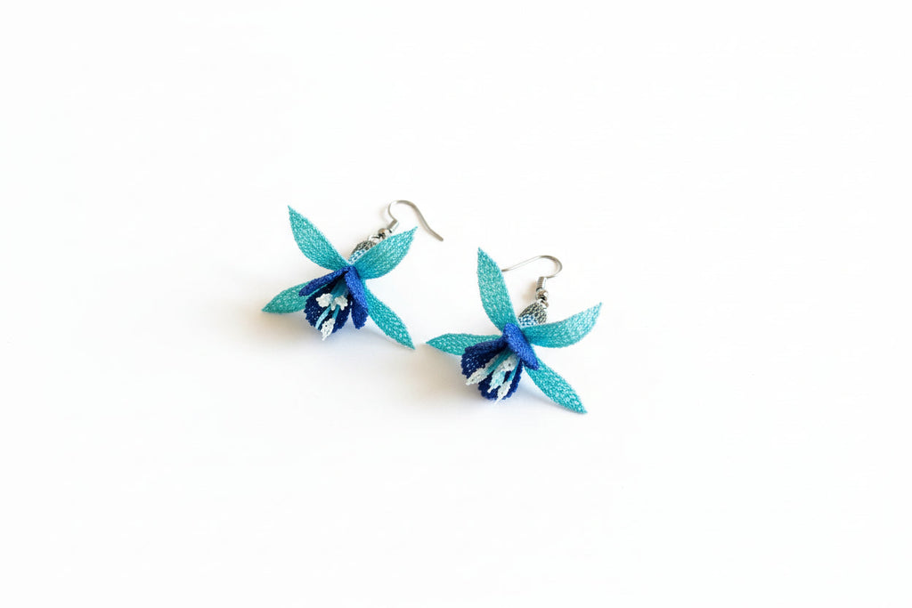 Handmade Blue 3D Floral Crochet Dangle Earrings for Women
