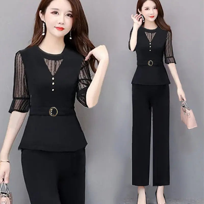5XL Women Pants 2-Piece Set 2024 Female Summer Set Lady Slim Tops+ Wide leg Pants Two-Piece Suit Short Sleeve Suit C725