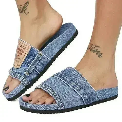 Denim Women's Cool Round Head Flat Slides Blue/Black