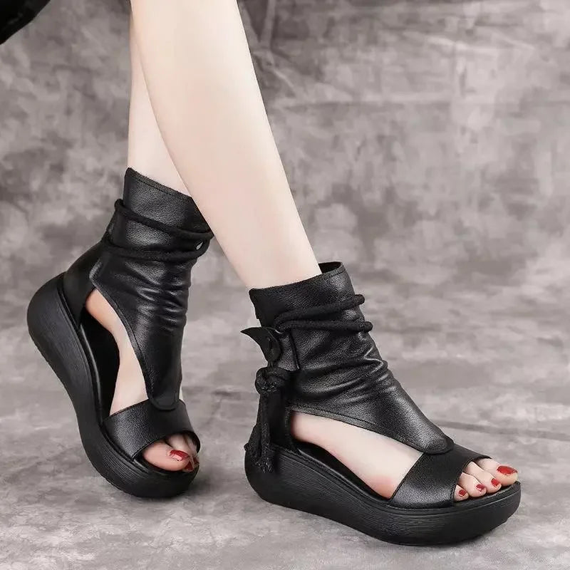 GKTINOO 2026 New Summer Black Women Leather Sandals Cool Boots Platform Shoes Wedges Sandals Women Shoes Fashion Outdoor Sandals