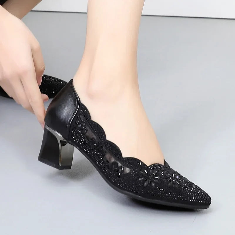 GKTINOO 2026 Summer Fashion Hollow Out Genuine Leather Pumps Women Shoes Med Heels Square Heel Mesh Ladies Office Shoes Crystal