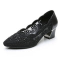 GKTINOO 2026 Summer Fashion Hollow Out Genuine Leather Pumps Women Shoes Med Heels Square Heel Mesh Ladies Office Shoes Crystal