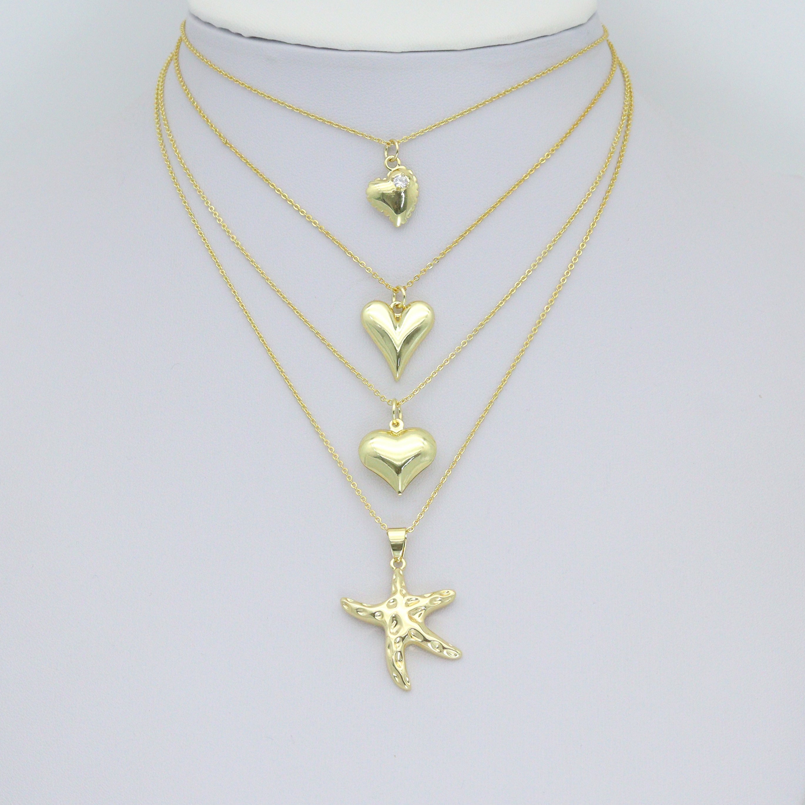 Gold Puffy Star Heart Passport Starfish Sun Charm Pendant,Sku#LD740