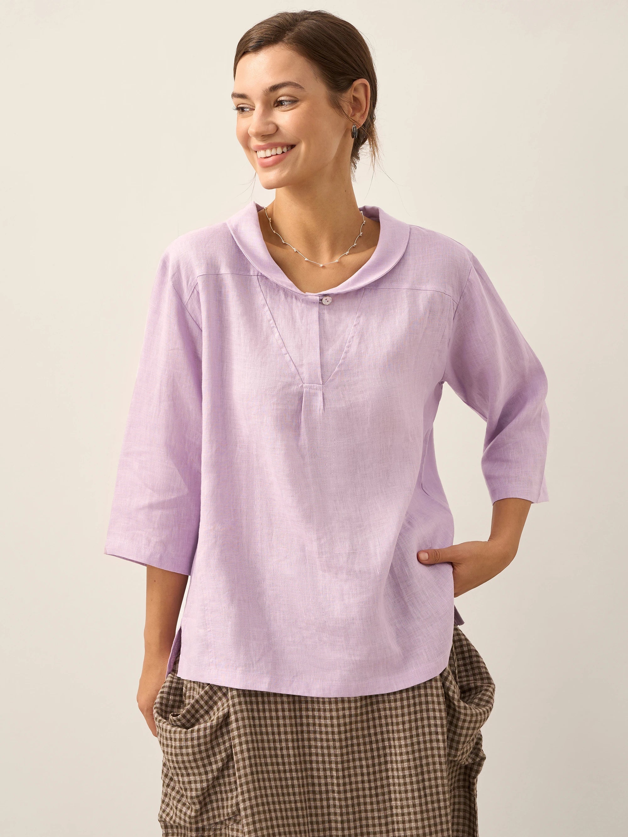 100% Linen Shawl V-Neck Half Sleeve Top JADE