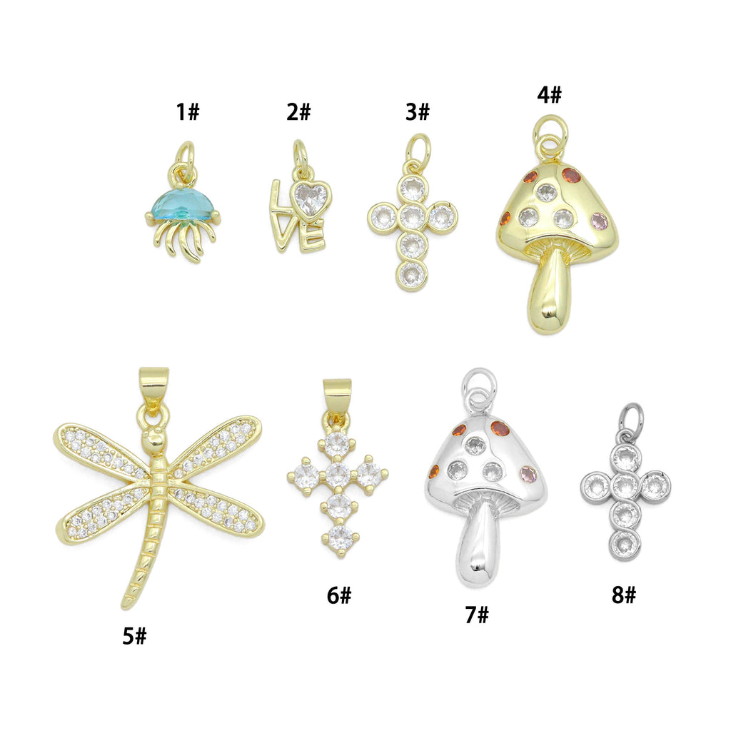 CZ Gold Love Cross Mushroom Jellyfish Dragonfly Charm Pendant,Sku#LD748