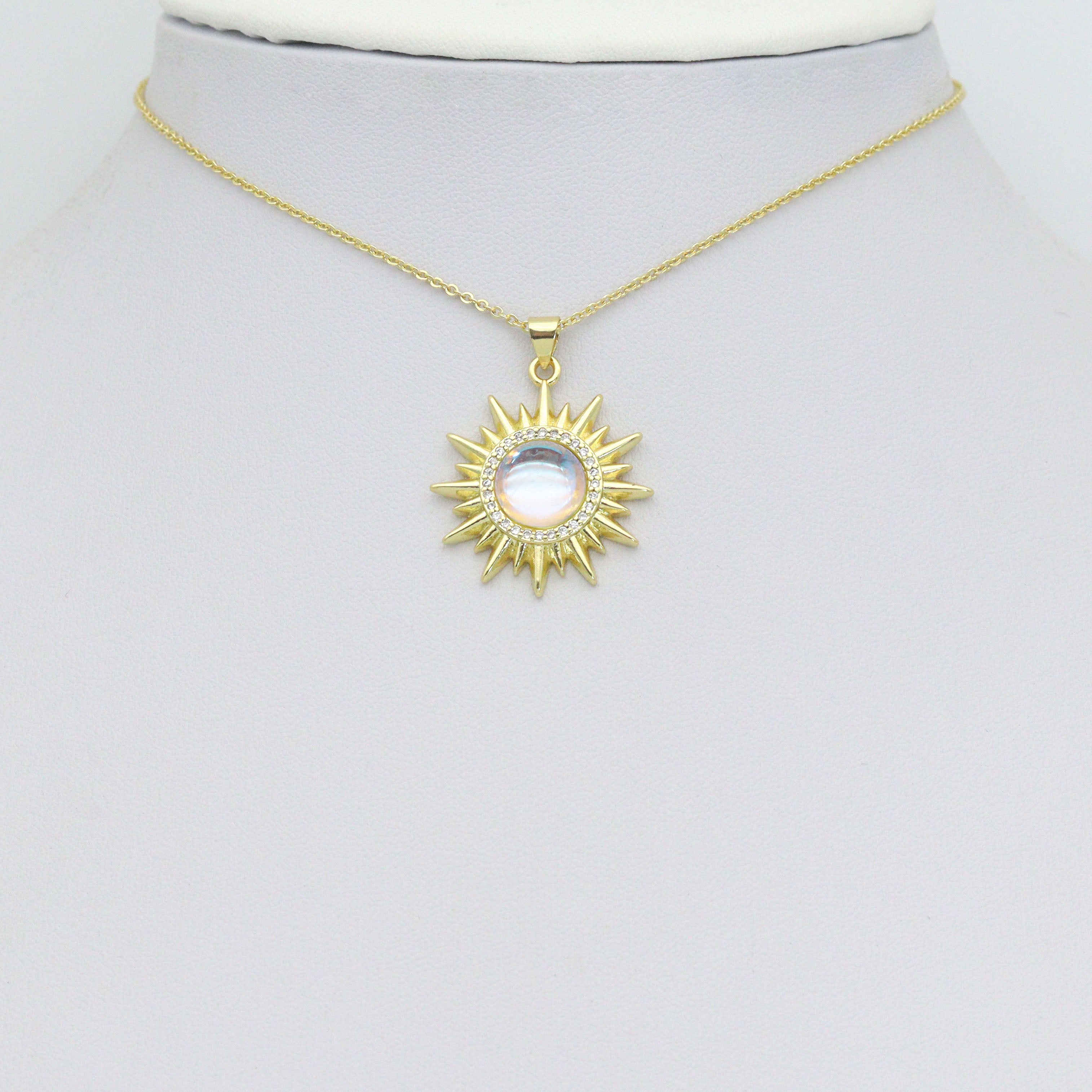 Clear CZ Gold Sunflower Moonstone Stud Earrings Pendant Charm, Sku#LK1303