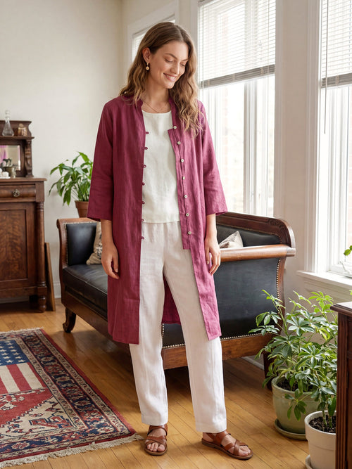 100% Linen Hand Button Long Top DILLON