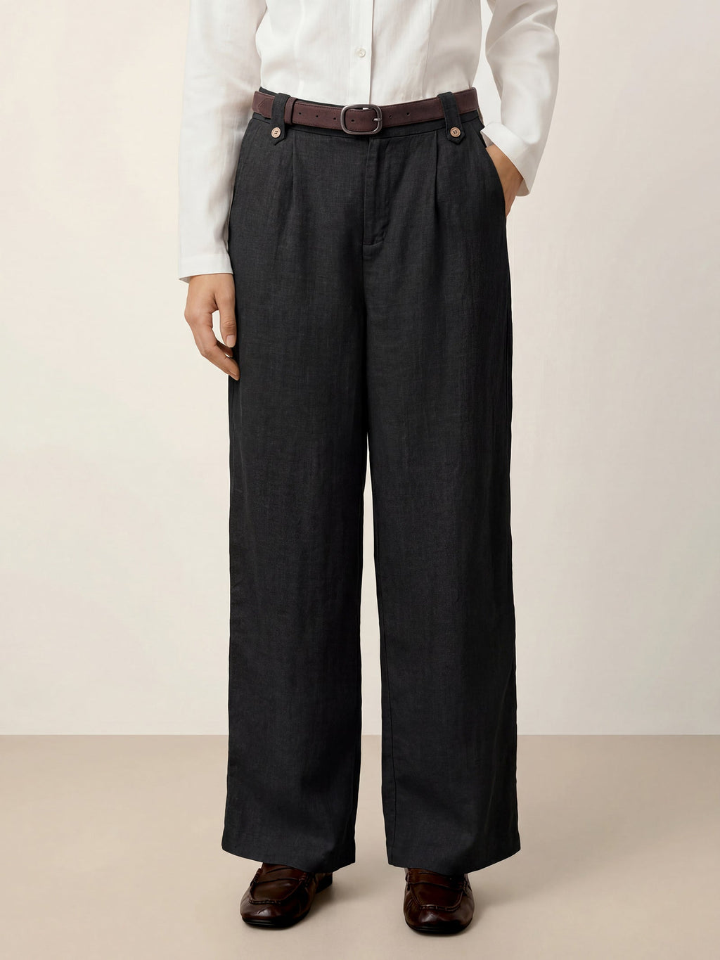 Linen-Lyocell Pleated Wide Leg Trousers with Back Elastic & Button Detail AISLING