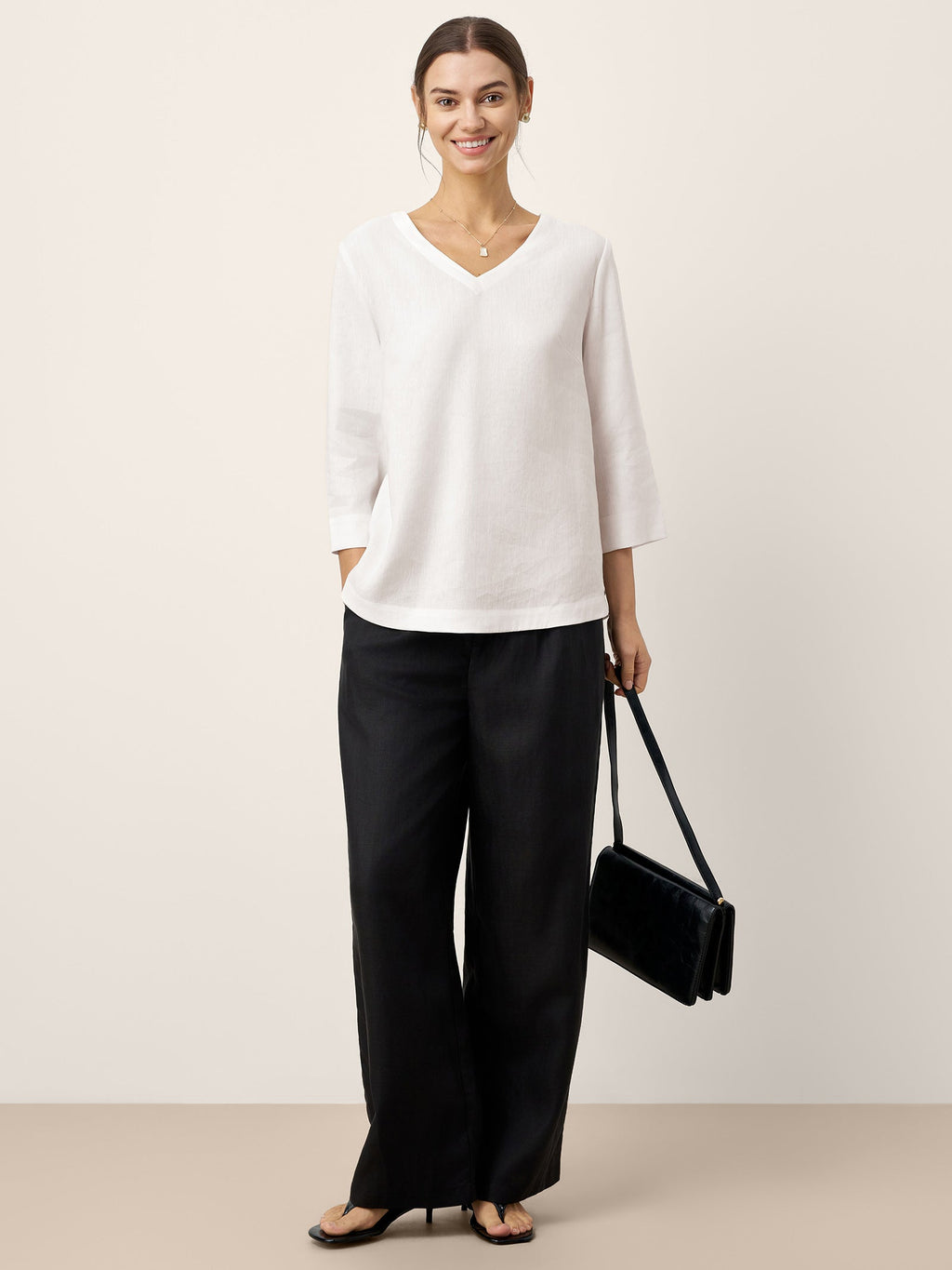 Linen-Lyocell V-Neck Button Detail Overtop ODETTE