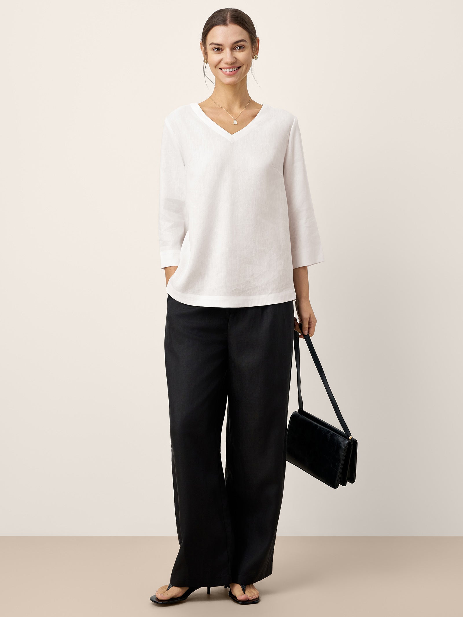 Linen-Lyocell V-Neck Button Detail Overtop ODETTE
