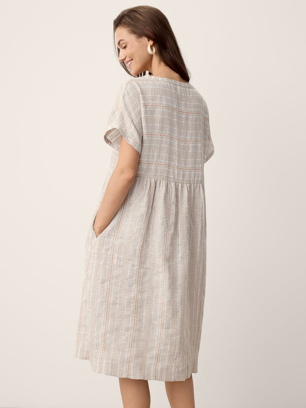 Linen Gathered-Hem Split-Neck Midi Dress SYDNEY