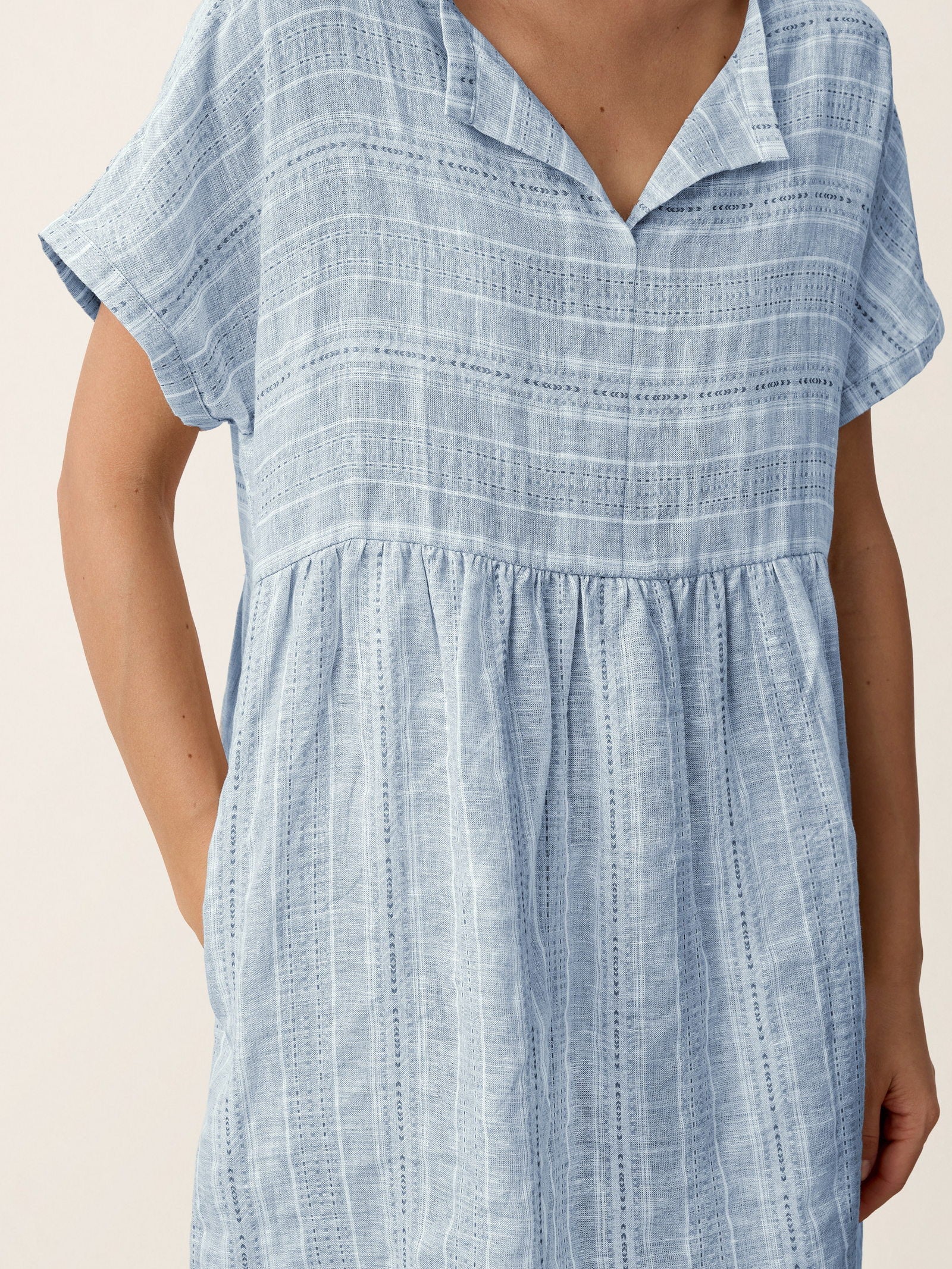 Linen Gathered-Hem Split-Neck Midi Dress SYDNEY