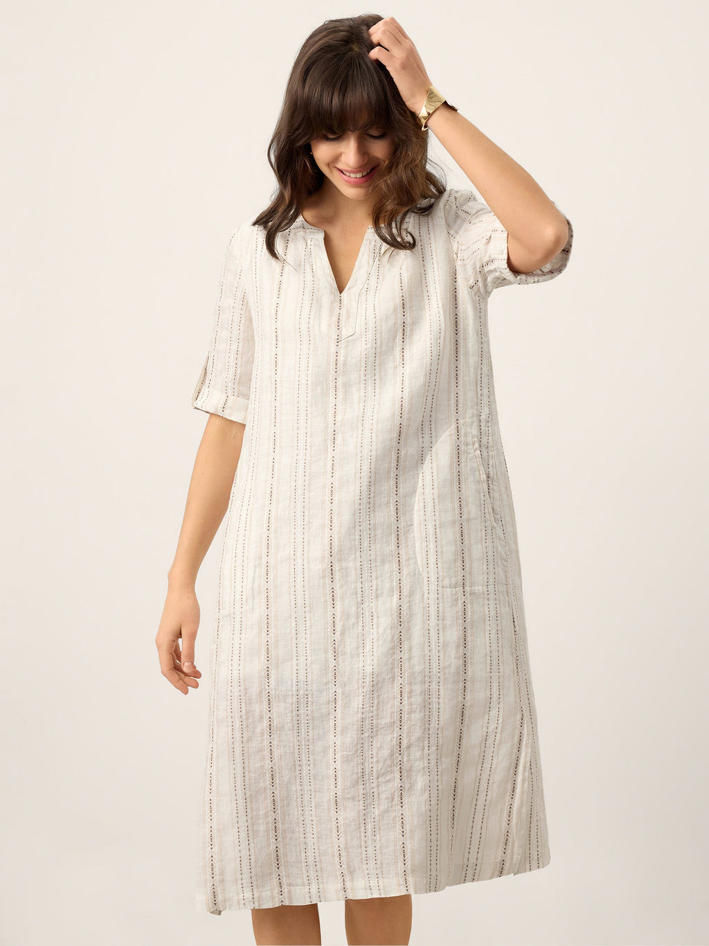 Linen Striped Notch Neck Tab-Cuff Bohemian Midi Dress ALTHEA