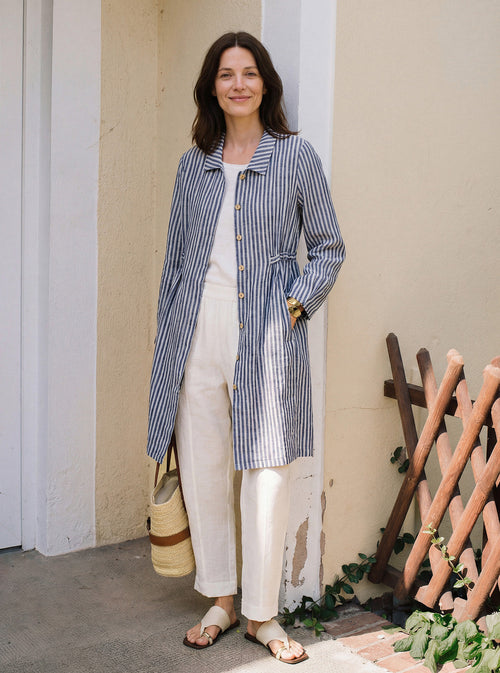 100% Linen Striped Back Drawstring Midi Shirt Dress ADELAIDE