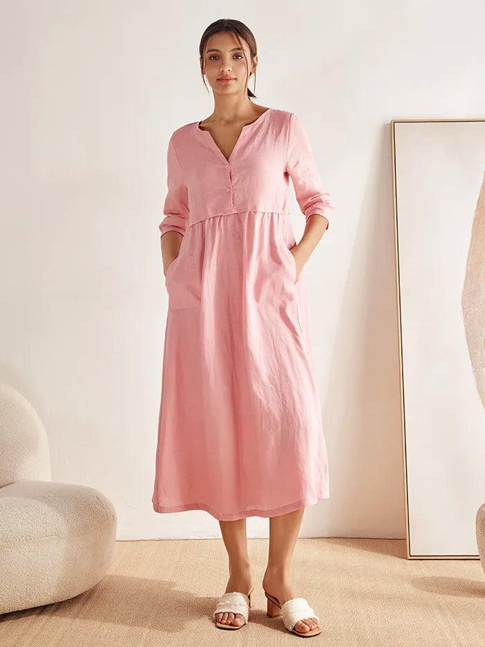 100% Linen Loose Fit Button Waist Gathered Maxi Dress LUNA