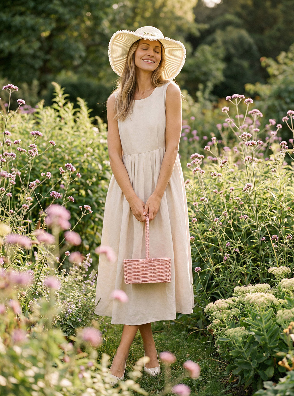 100% Linen Sleeveless Crew Neck Waist Pleated Maxi Dress SELENE
