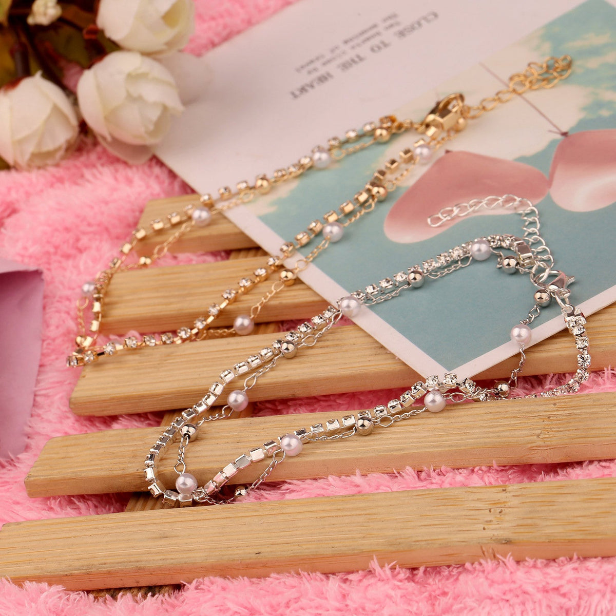 Bohemian Fancy Double Chain Tassel Crystal Anklet Jewelry
