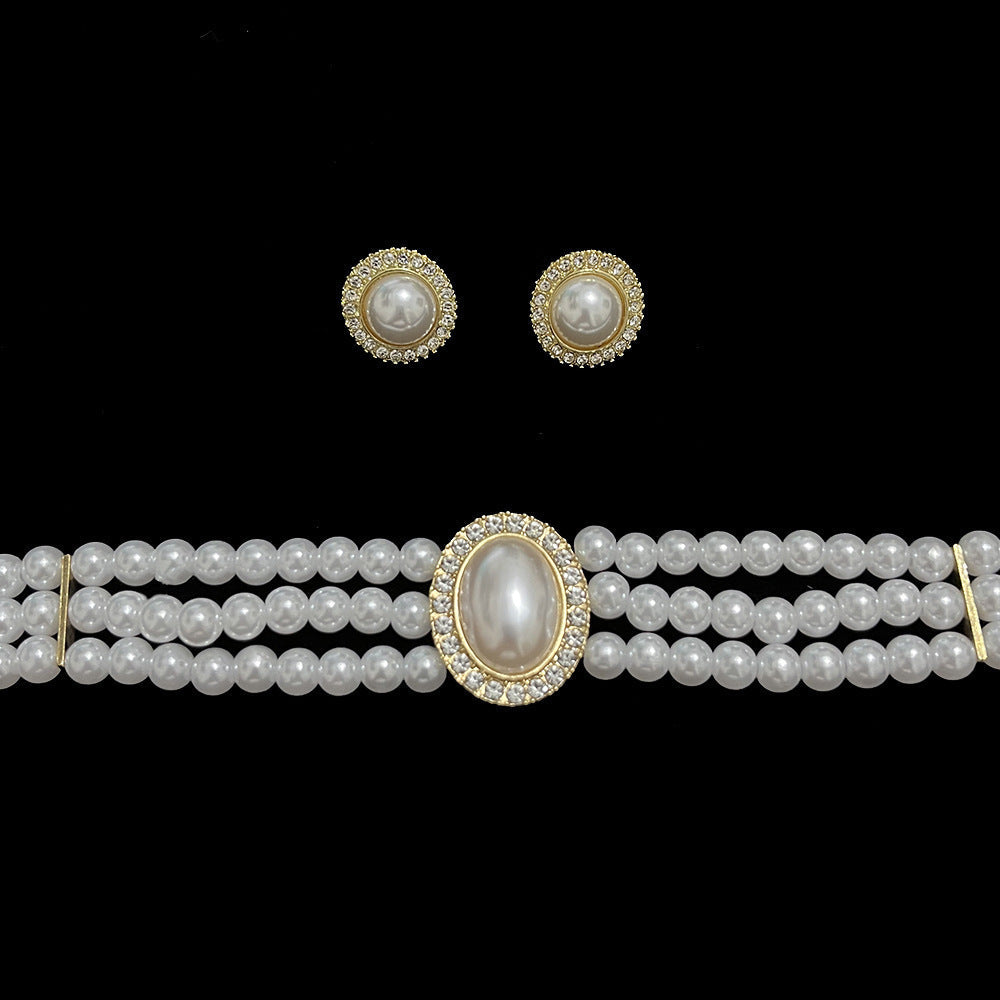 Layers White Pearl Bib Statement Necklace Earring Set