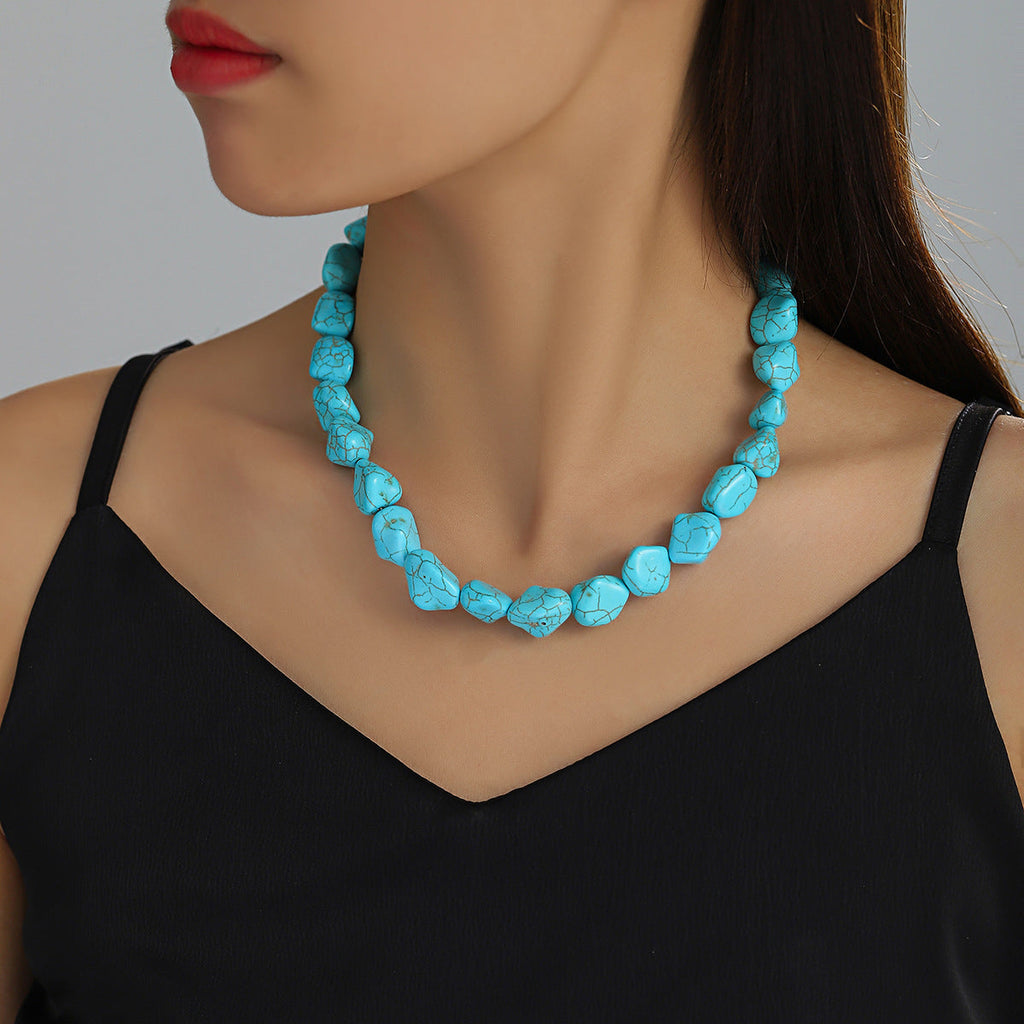 Vintage Turquoise Bracelet Irregular Beaded Necklace Elastic Bracelet Earrings Pendant Set