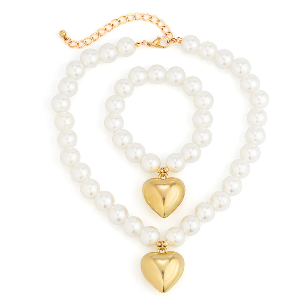 Pearl Beaded love Pendant Bracelet Necklace Set