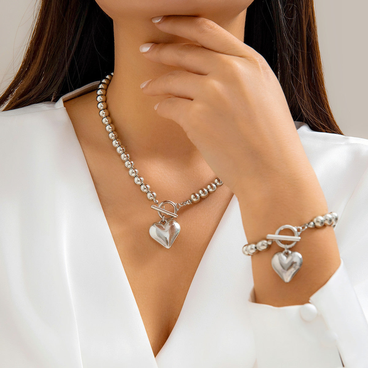 Pearl Beaded love Pendant Bracelet Necklace Set