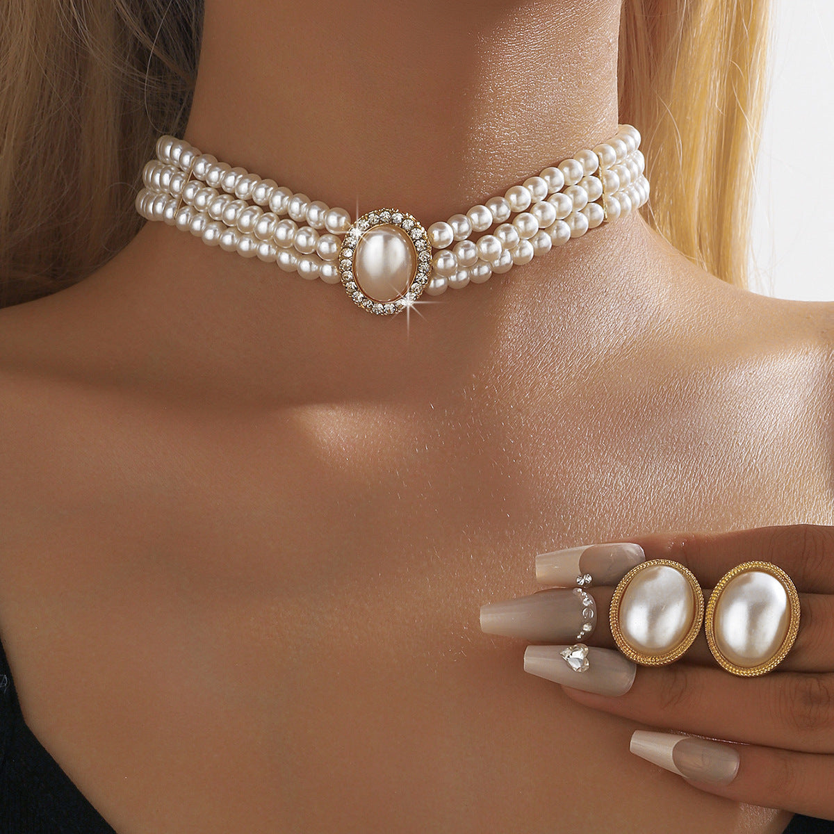 Vintage Oval Rhinestone Bridal Pearl Necklace Style Dress Wedding Set