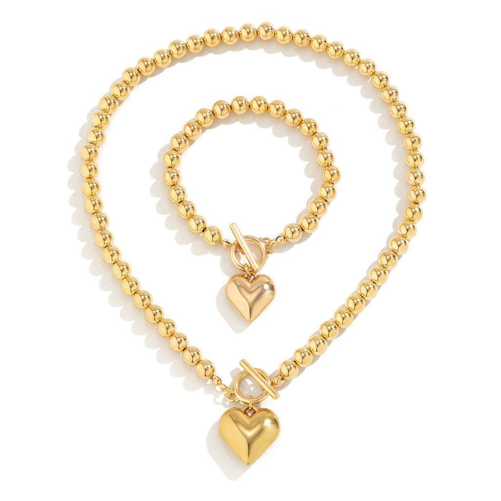 Pearl Beaded love Pendant Bracelet Necklace Set