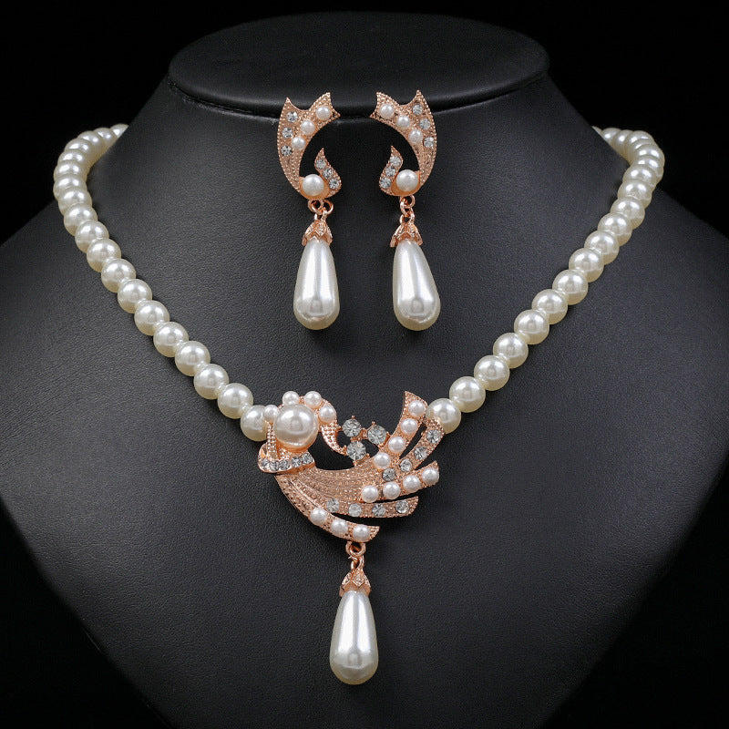 Women Wedding Dress Pearl Earrings Necklace Set