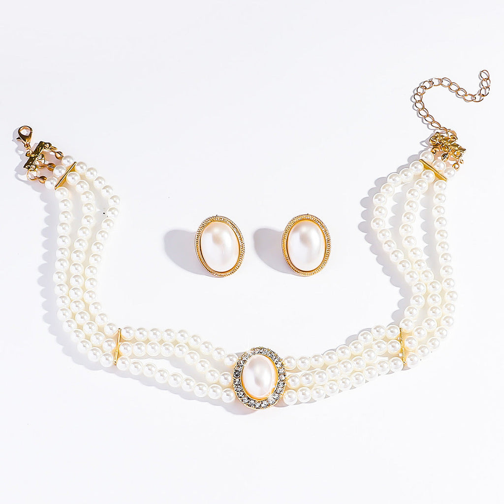 Vintage Oval Rhinestone Bridal Pearl Necklace Style Dress Wedding Set