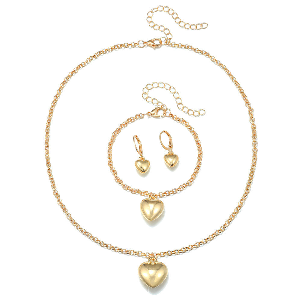 Women Heart Pendant Necklace Earring Bracelet Set
