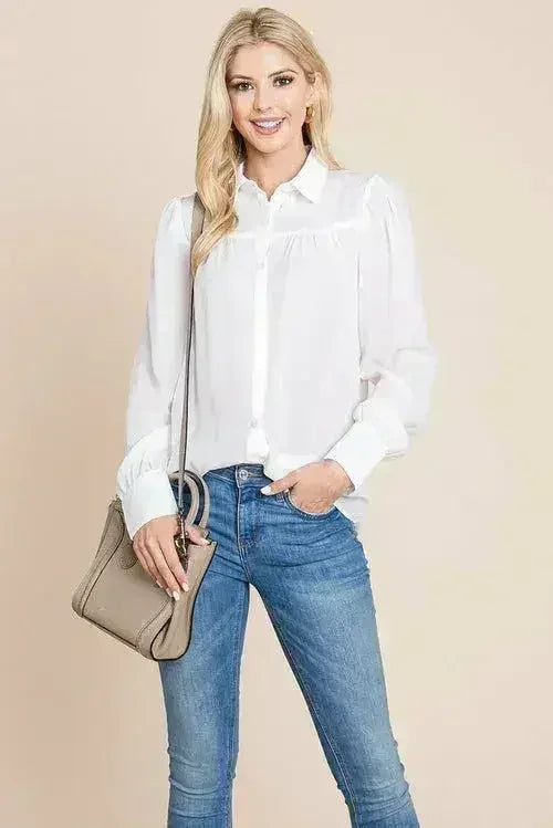 Collared Long Sleeve Pleated Detail Blouse Tops | Femstylo