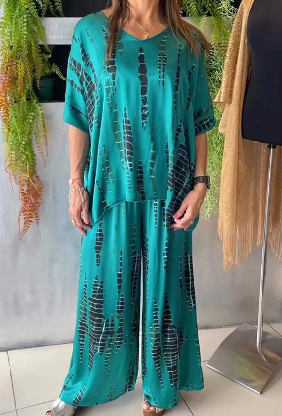 Summer Fashion T-shirt Pants Set Women Geometric Print Short Sleeved Tops Loose Wide Leg Pants Elegant Lady Set Clothing 2025