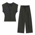 Women Fashion 2-Piece Set Single-breasted Sleeveless V-Neck Pinstripe Vest+Summer Pleated Loose Pocket Belt Zipper Pants