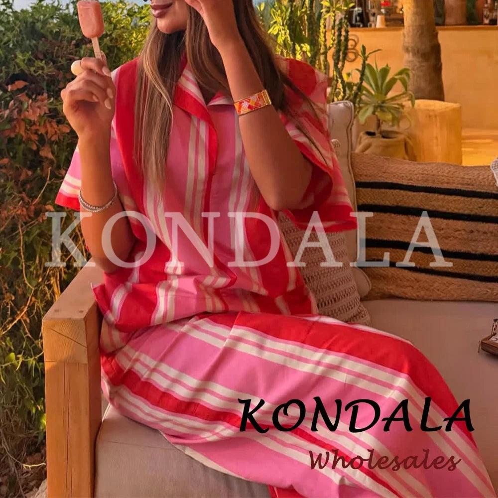 KONDALA Chic Women Striped Casual Suit Single Breasted Straight Shirt+Elastic Waist Long Pants Fashion 2026 Elegant Mujer Suit
